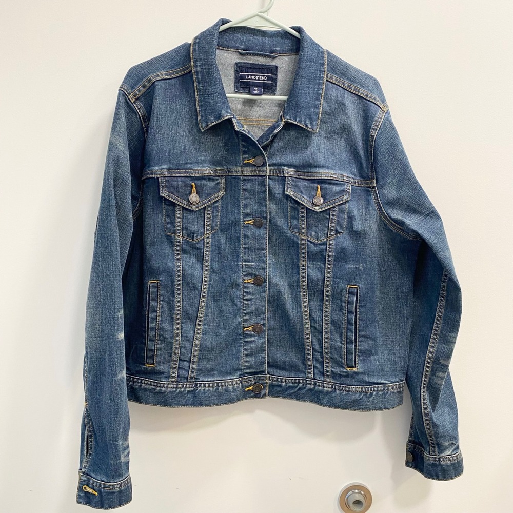 Lands End Denim Jacket Womens XL 18 Blue Jean Trucker Classic Stretch Cotton